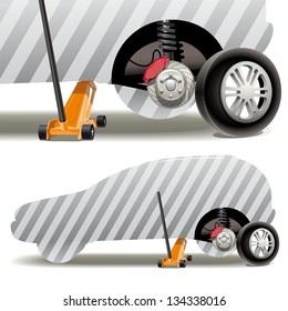 Tire repairs. Illustration of car wheel change on the service station with the jack.