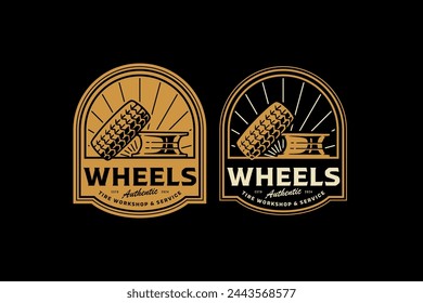 tire and rim car retro badge logo design template  for automotive service, garage and sport