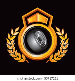 tire rotated on orange and black lined royal display