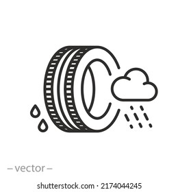 tire safety for rain icon, quality information for rubber, classification car wheel for road slippery, thin line symbol on white background - editable stroke vector illustration