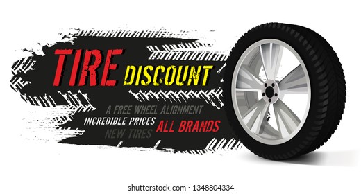 Tire sale out banner template. Grunge tire tracks background for landscape poster, digital banner, flyer, leaflet design. Editable graphic image in bright colors. Horizontal vector illustration