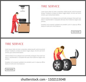 Tire service and automobile workshop color card, professional equipment for wheels servicing or alignment process, working men isolated text sample