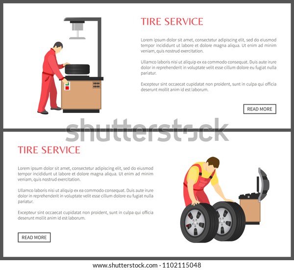 Tire service and automobile workshop color\
card, professional equipment for wheels servicing or alignment\
process, working men isolated text\
sample