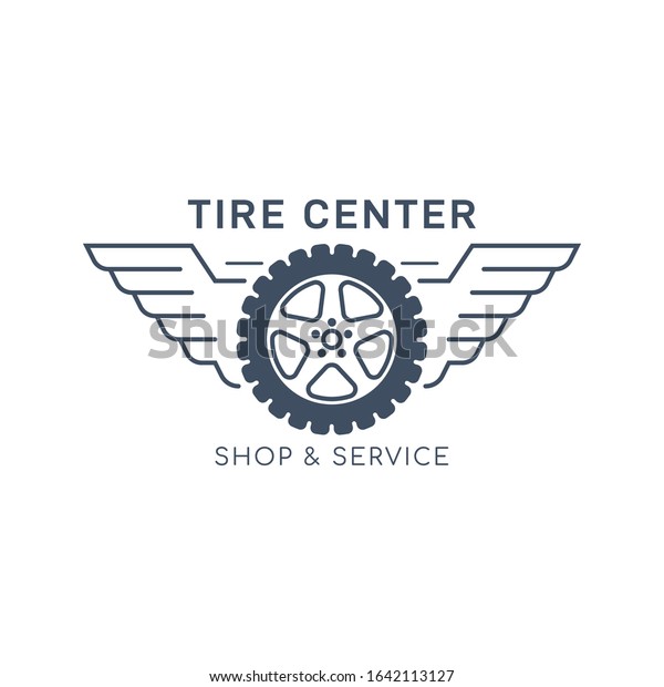 Tire service badge design. Wheel repair\
service. Tire store company logo. Black and white line art icon\
isolated on white\
background