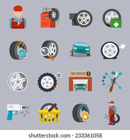 Tire Service Car Auto Mechanic Repair Icons Flat Set Isolated Vector Illustration