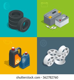 Tire service car auto, repair icons flat set isolated vector isometric illustration. Consumables for car.