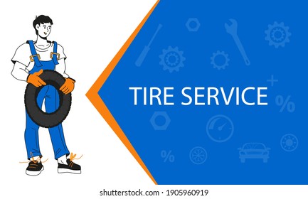 Tire  service and Car repair banner with cartoon character of mechanic in workshop. Cartoon style banner or leaflet for car maintenance service and tire workshop, hand drawn vector illustration.