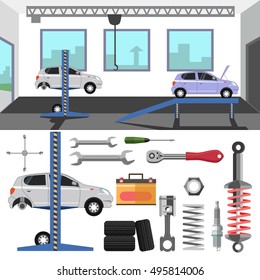 Tire service center of car. Vector set of repair tools and auto spares: tire and wrench, battery and motor, piston and spark plug, spanner. Flat design elements and icons. Automobile maintenance