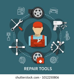 Tire service concept with car spares and various tools for repairing flat vector illustration