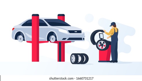 Tire service concept. Сar mechanic doing balancing wheels. Garage with the car on the lift. Vector illustration in flat / cartoon style.