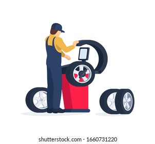 Tire service concept. Сar mechanic doing balancing wheels. Isolated vector illustration in flat / cartoon style.