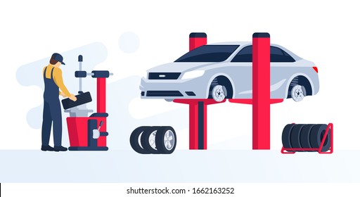 Tire service concept. Сar mechanic doing their work. Garage with the car on the lift. Vector illustration in flat / cartoon style.