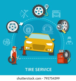 Tire service concept with mechanic repairing car on bright blue background flat vector illustration