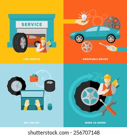 Tire service design concept with swappable drivers online buying 24 hours work flat icons isolated vector illustration