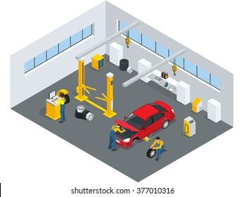 Tire service design concept with swappable drivers online buying 24 hours. Flat 3d isometric vector illustration