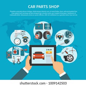 Tire Service Flat Design Concept With Online Shopping Of Car Spares Vector Illustration