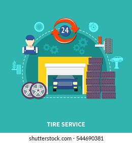 Tire service flat design concept with wheels elements of suspension and automobile in garage decorative icons set vector illustration 