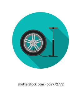 Tire service flat icon with long shadow. Vector simple illustration of tire and pump.