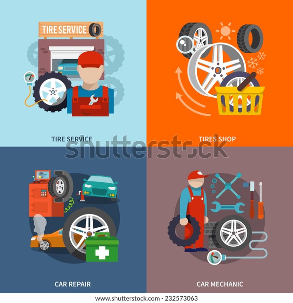 Tire Service Flat Set Shop Car Stock Vector (Royalty Free) 232573063