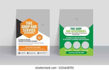 Tire service flyer brochure cover design template in A4 size with creative business layout