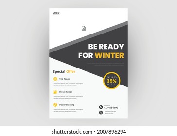 Tire service flyer template. Automotive poster leaflet design. Car tire repair service flyer template.