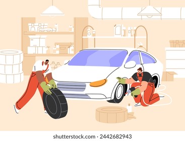 Tire service in garage. Mechanics change, fitting wheels in auto repair station. Repairmen fix breakdowns of car suspension. Automobile workshop workers replace rubber. Flat vector illustration