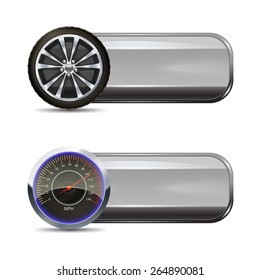 Tire service horizontal banners set with realistic wheel and speedometer elements isolated vector illustration