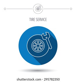 Tire service icon. Wheel and wrench key sign. Blue flat circle button. Linear icon with shadow. Vector