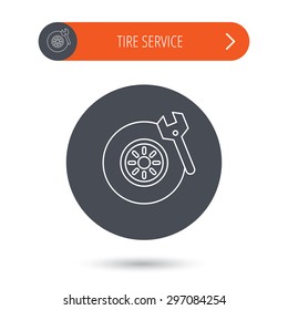 Tire Service Icon. Wheel And Wrench Key Sign. Gray Flat Circle Button. Orange Button With Arrow. Vector