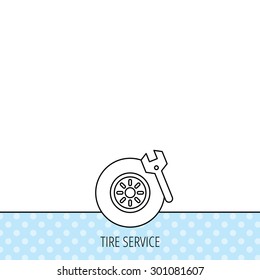 Tire service icon. Wheel and wrench key sign. Circles seamless pattern. Background with icon. Vector