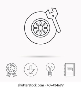 Tire service icon. Wheel and wrench key sign. Download arrow, lamp, learn book and award medal icons.