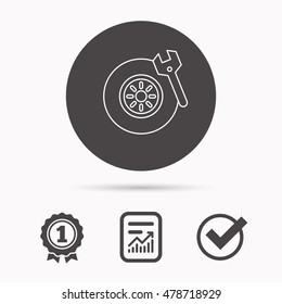 Tire service icon. Wheel and wrench key sign. Report document, winner award and tick. Round circle button with icon. Vector