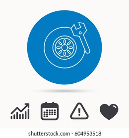 Tire service icon. Wheel and wrench key sign. Calendar, attention sign and growth chart. Button with web icon. Vector