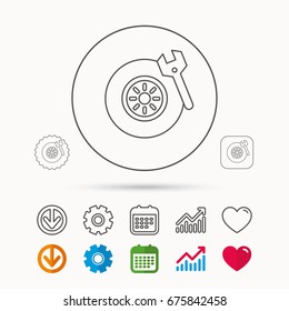 Tire Service Icon. Wheel And Wrench Key Sign. Calendar, Graph Chart And Cogwheel Signs. Download And Heart Love Linear Web Icons. Vector