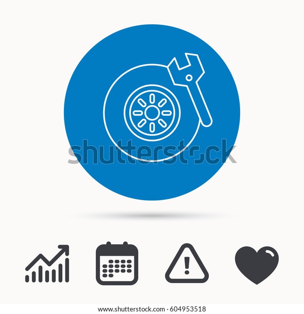 Tire\
service icon. Wheel and wrench key sign. Calendar, attention sign\
and growth chart. Button with web icon.\
Vector