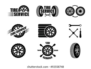 Tire service icons and logotypes. Vector tire, wrench, wheel and badges for tire service or car repair. Vector illustration.