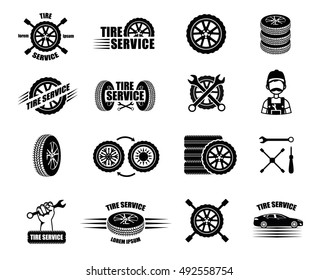 Ícones de serviço de pneus e logotipos. Pneu vetorial, chave inglesa, roda e crachás para manutenção de pneus ou reparação de automóveis. Ilustração vetorial.