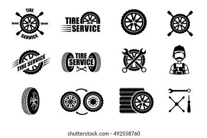 Tire service icons and logotypes. Vector tire, wrench, wheel and badges for tire service or car repair. Vector illustration.