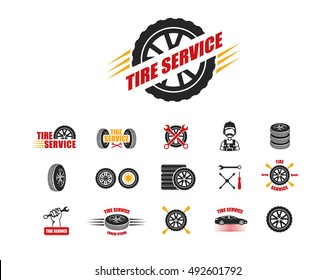 Tire service icons and logotypes. Vector tire, wrench, wheel and badges for tire service or car repair. Vector illustration.