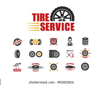 Tire service icons and logotypes. Vector tire, wrench, wheel and badges for tire service or car repair. Vector illustration.