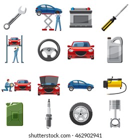 Tire service icons set in cartoon style. Car repair service set collection. Car service signs vector illustration