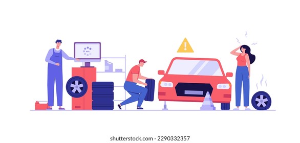 Tire service illustration. Professional mechanics change wheels and tires. Concept of tire fitting, car repair service, wheels replacement, tyre service. Vector flat cartoon design for web banners