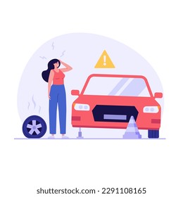 Tire service illustration. Professional mechanics change wheels and tires. Concept of tire fitting, car repair service, wheels replacement, tyre service. Vector flat cartoon design for web banners