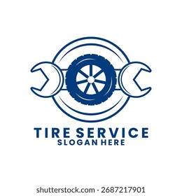 Modelo de vetor de design do logotipo de serviço do pneu. Combinação de pneus com o vetor de design do logotipo da chave inglesa