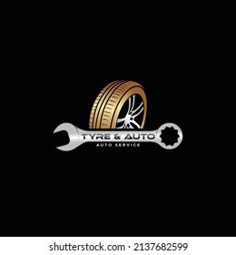 Tire service and logotypes. Vector tires, wrenches, wheels and badges for tire service or car repair. Vector illustration.