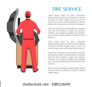 Tire service and man fitting car wheel on modern bench, isolated vector illustration white background mechanic profession working process, text sample