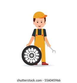 Tire service, man worker changing tire, car service, tire change, tire mechanic, auto service, auto repair flat design Vector illustration. 