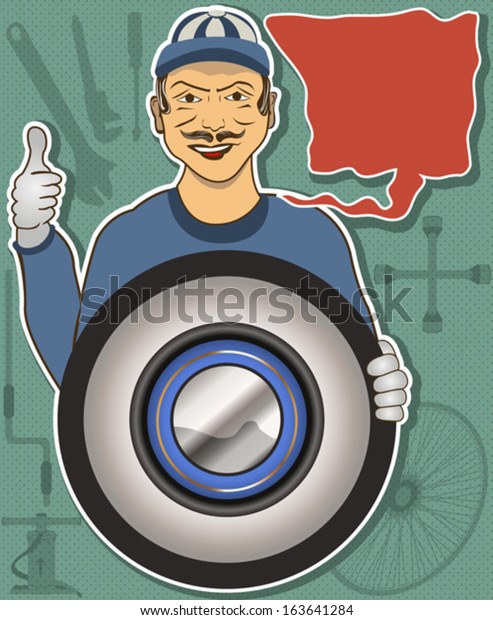  tire service\
mechanic with cartoon balloon\
