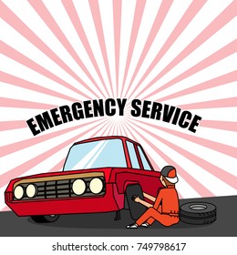 Tire service mechanic. Worker changing a punctured tire car. flat vector design