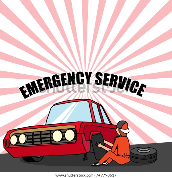 Tire service mechanic. Worker changing a punctured\
tire car. flat vector\
design